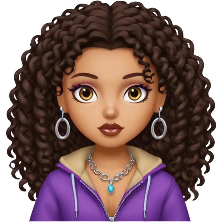 pretty bratz baddie, dark brown curly head, tan skin, piercing emoji
