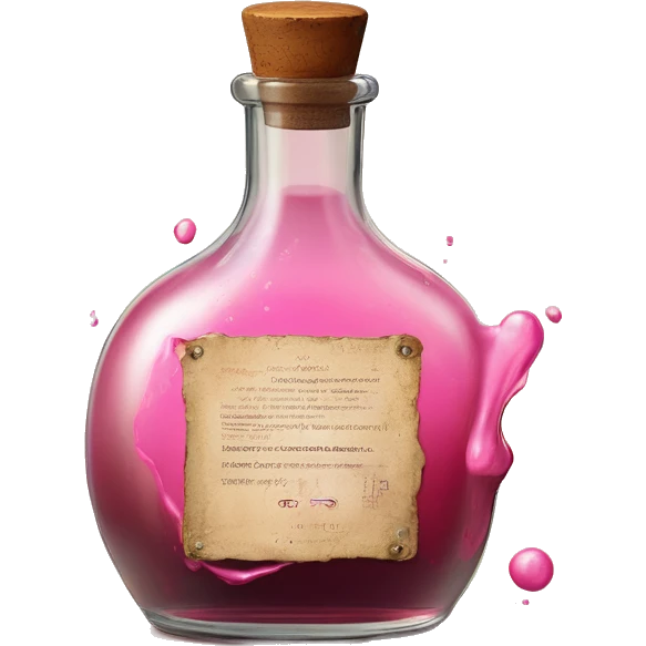 Mysterious Alchemical vintage glass potion bottle, exquisite bottle shape, old and shabby, with label, stylish and minimalistic, brown and pink, oil potion is poured out of the bottle, oil is spilled next to it emoji