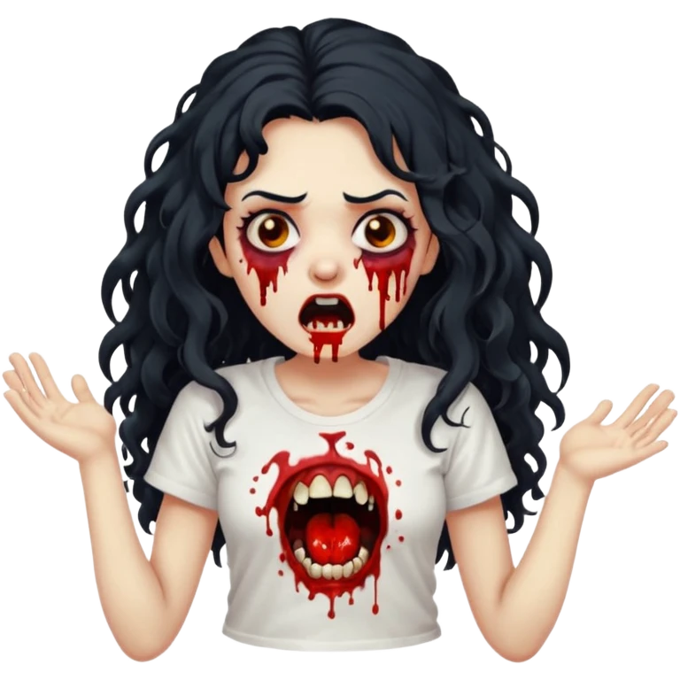 a zombie with long curly black hair volumoso, brown eyes, a white t-shirt and a splash of blood on her t-shirt, mouth open like a zombie emoji