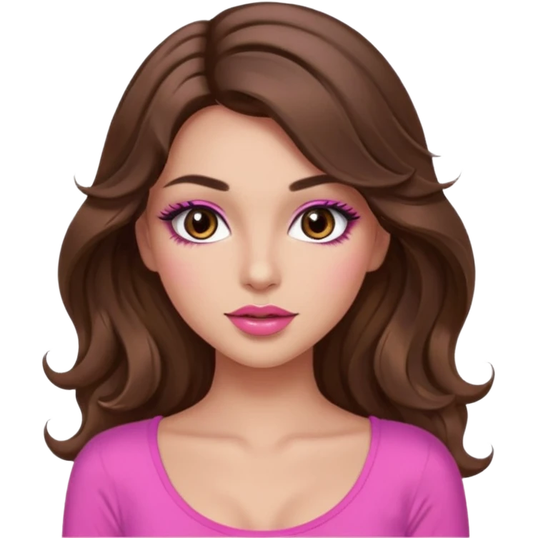 girl with long wavy brown hair, brown eyes, long lashes makeup, sexy pink lips, light to medium complexion, pink sexy top, I don't know emoji