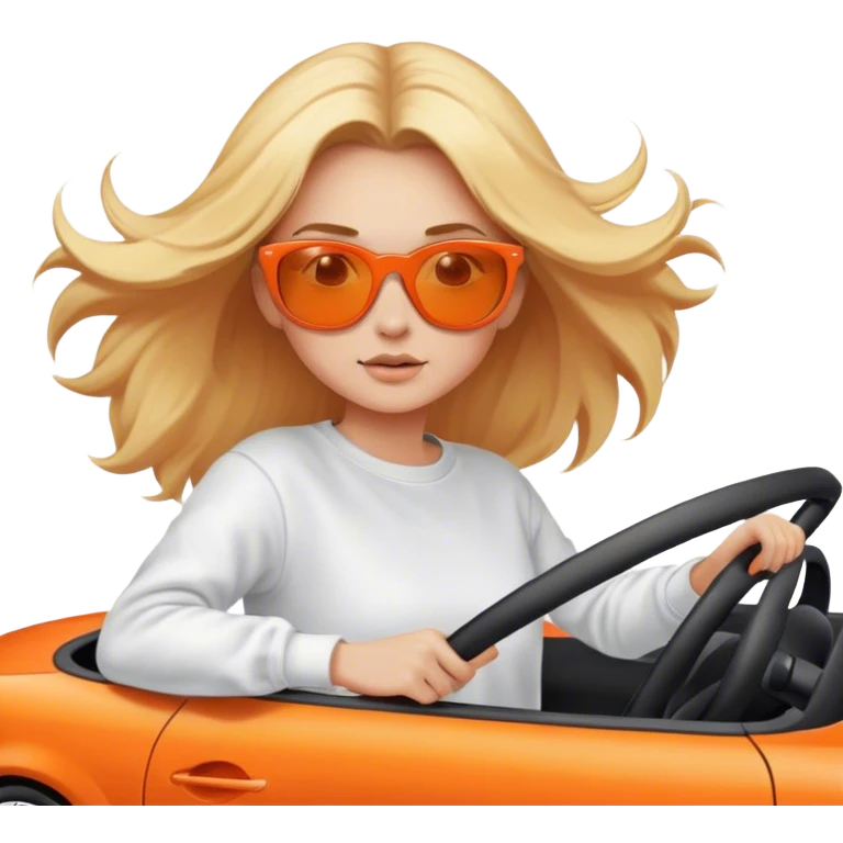 A cinematic realistic blonde in sunglasses, wearing a white sweatshirt, is driving an orange car, her hair is slightly blowing in the wind. emoji