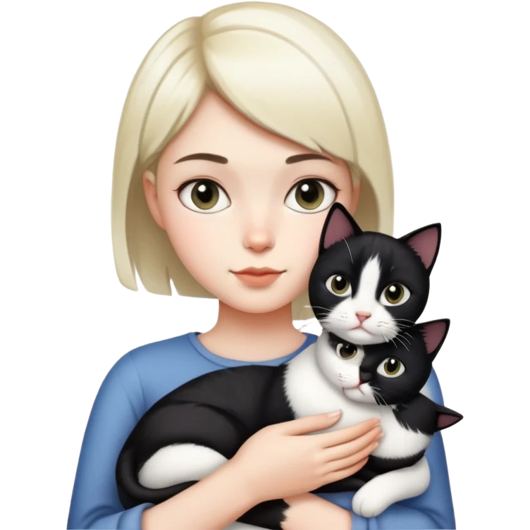 A short-haired girl holding a black and white cat emoji