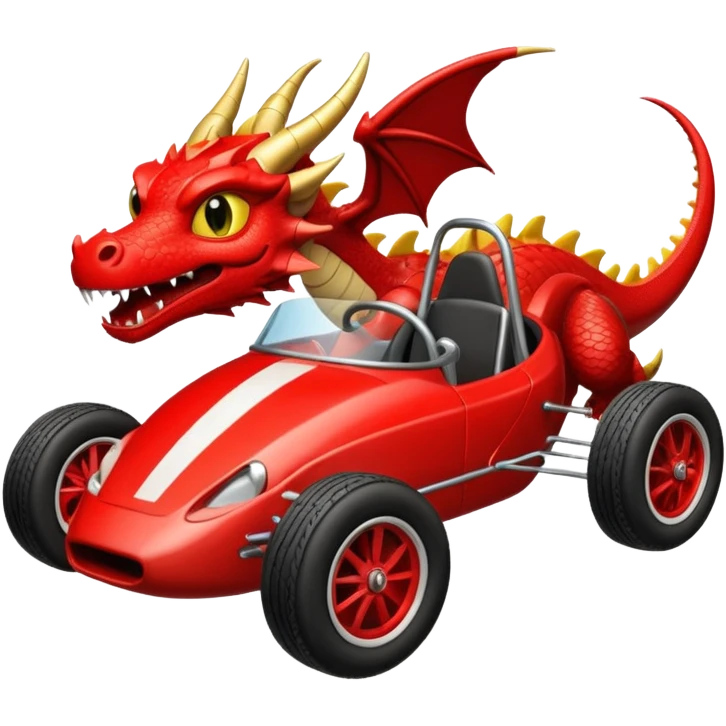 Special air-cooled three-cylinder race car whose frame and suspension is made of shopping cart material with a large gas tank, and rear spoiler, is being professionally steered/driven by a small dark-colored dragon  emoji