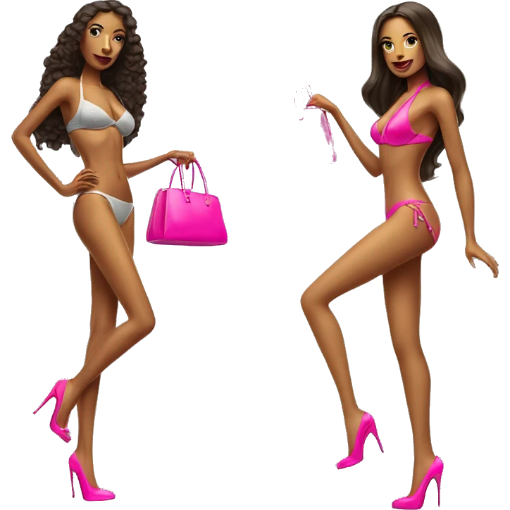 two women in bikinis with 6 inch hot pink heels and birkin bags emoji