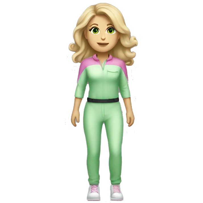 white Woman dark blond hair  pink  full body jumpsuit flying with light green eyes emoji