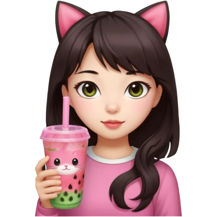 Pale asian girl with cat eyes big pupils with dark brown hair side bangs t the left and layered hair towards the inside with pink bow on hair and pink outfit holding a watermelon bubble tea emoji