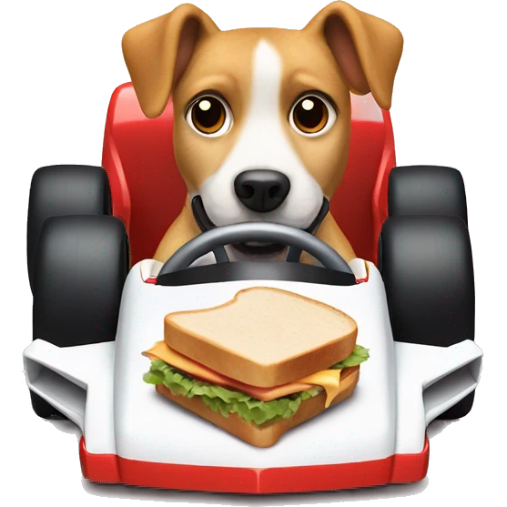 Dog eating a sandwich and driving a f1 car emoji