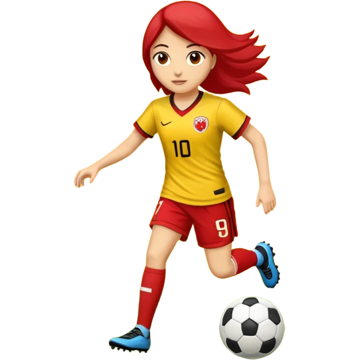 kumral bir kadın sarı kırmızı bir formayla futbol oynuyor emoji