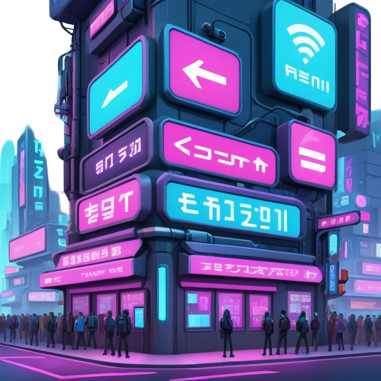 Cyberpunk street corner with neon blinking signage and holographic advertisements emoji