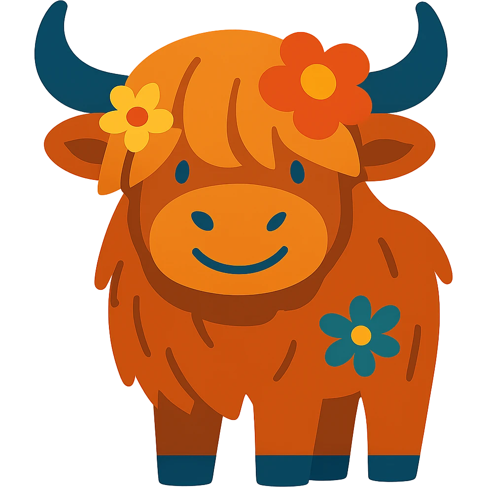 gentle and friendly highland cow with flowers in its fur emoji