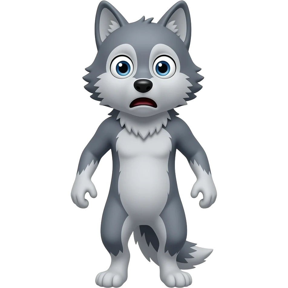 A small gray wolf standing upright, with human-like arms and legs, looking at us with a very afraid expression. The wolf’s body is entirely gray. emoji