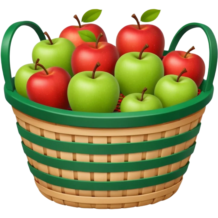 woven basket with apples on a white wooden chair. The basket is lined with checkered cloth, yellow emoji
