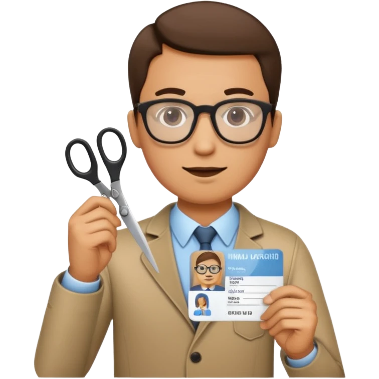 Scissors cutting man ID card in 2 parts.hyper realistic emoji