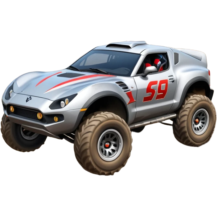 Satan’s (post race) Dirty and dented Local Motors Rally Fighter off road race car flying turning a tight corner (silver wheels) emoji