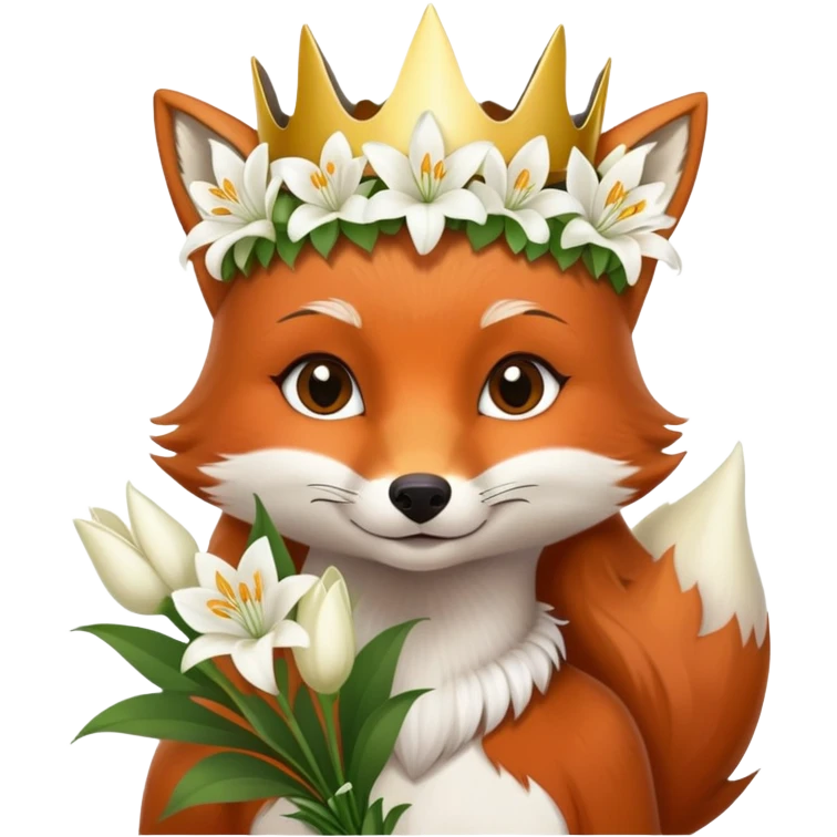 A female fox wearing a crown made of Lillie’s holding a bouquet of Lillie’s emoji