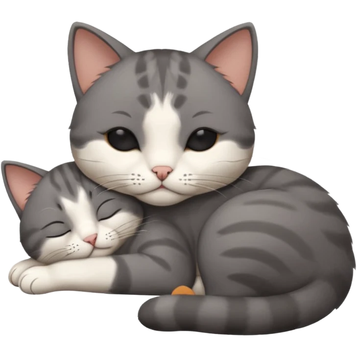 dark grey and white small cat with his eyes closed, leaning his head on his paw while leaning on his elbow lying down emoji