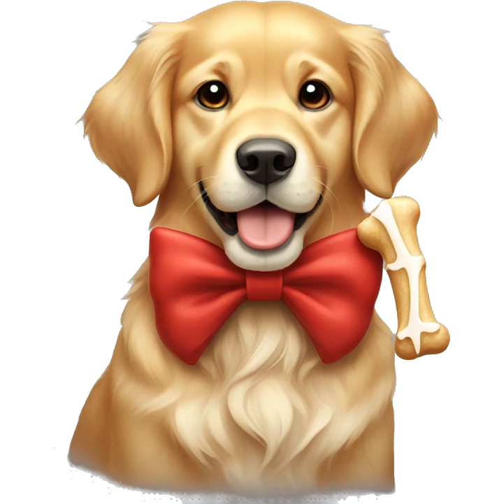 A Christmas-themed golden retriever holding a bone with a bow emoji
