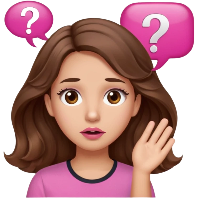 girl with long wavy brown hair, brown eyes, light to medium complexion, in a pink shirt, pink lips, long lashes, confused, question mark one speech bubble emoji