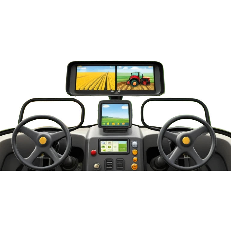 a view from the tractor cabin, with the dashboard in focus, overlooking a vibrant rural landscape. Inspired by Farming Simulator 22, the scene includes fields, crops, and distant barns under a bright sky. The design highlights the immersive experience of farm management. transparent background emoji