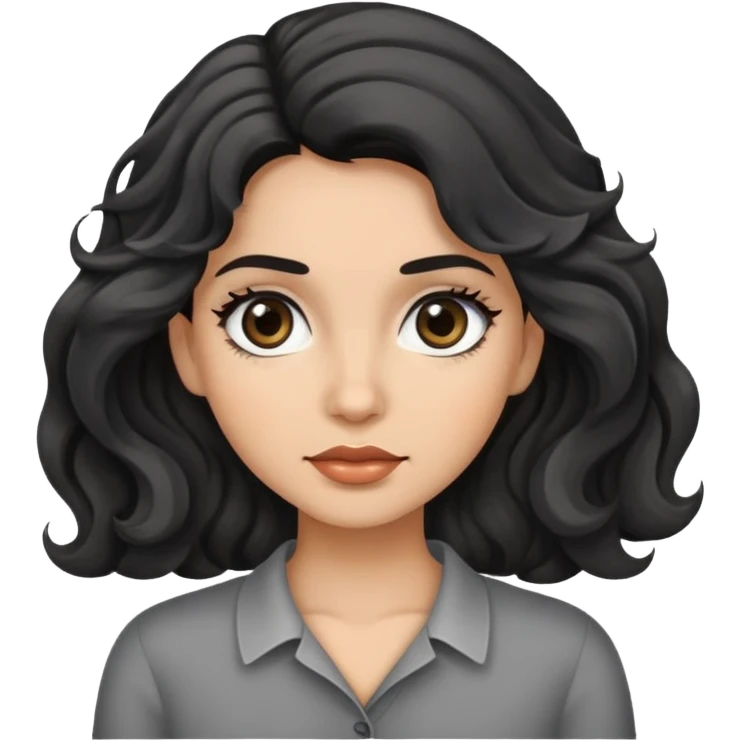 woman face with big grey eyes, medium skin tone, and black wavy hair emoji