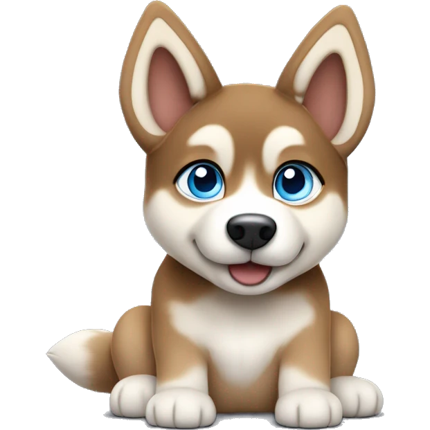  Caramel Frappe Brown husky puppy sitting head tilted gazing at viewer with blue eyes emoji