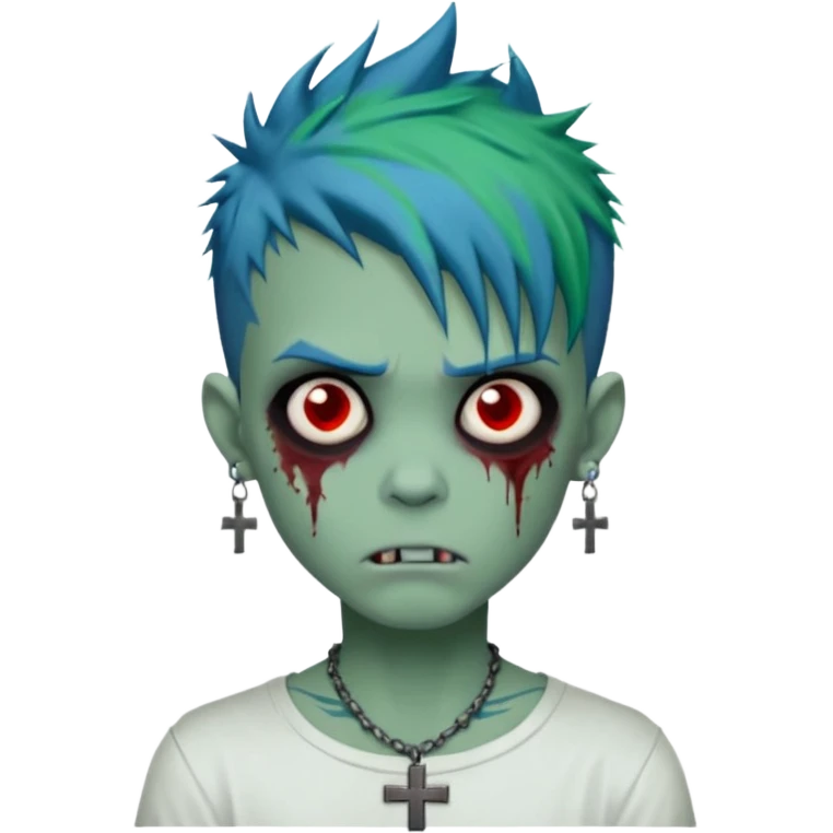 zombie boy with spiky emo blue hair and white shirt , tattos, a risk on the eyebrow, earings,  a necklace with a cross, green skin, shaggy, dark, spooky, creepy expression emoji  emoji
