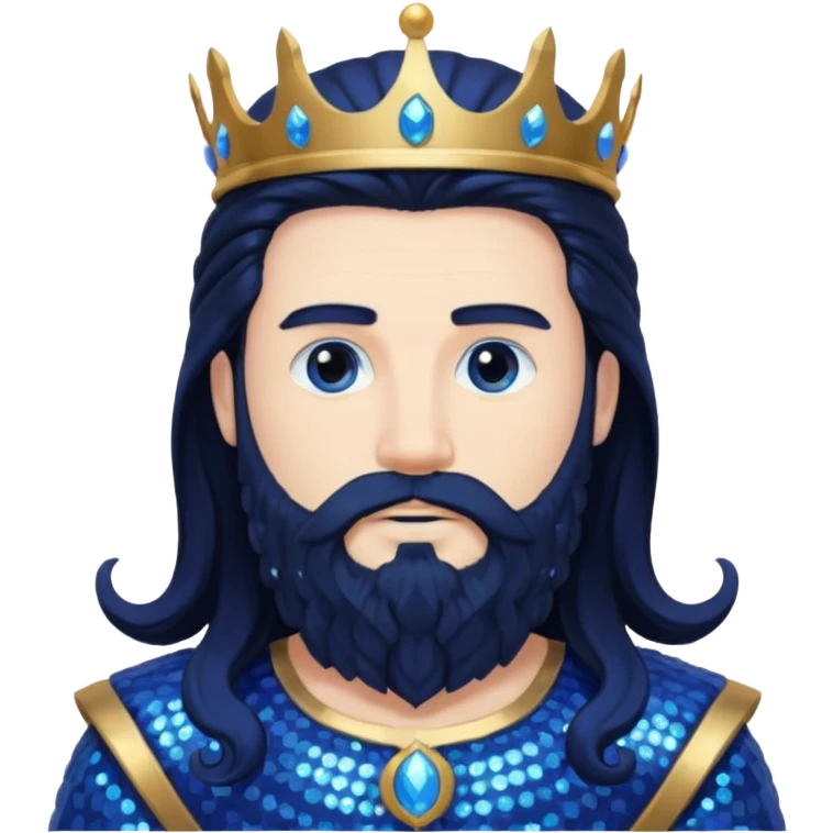 Neptune, King of the Sea from Gods and Goddesses with long black hair and beard, cobalt blue sequin outfit emoji