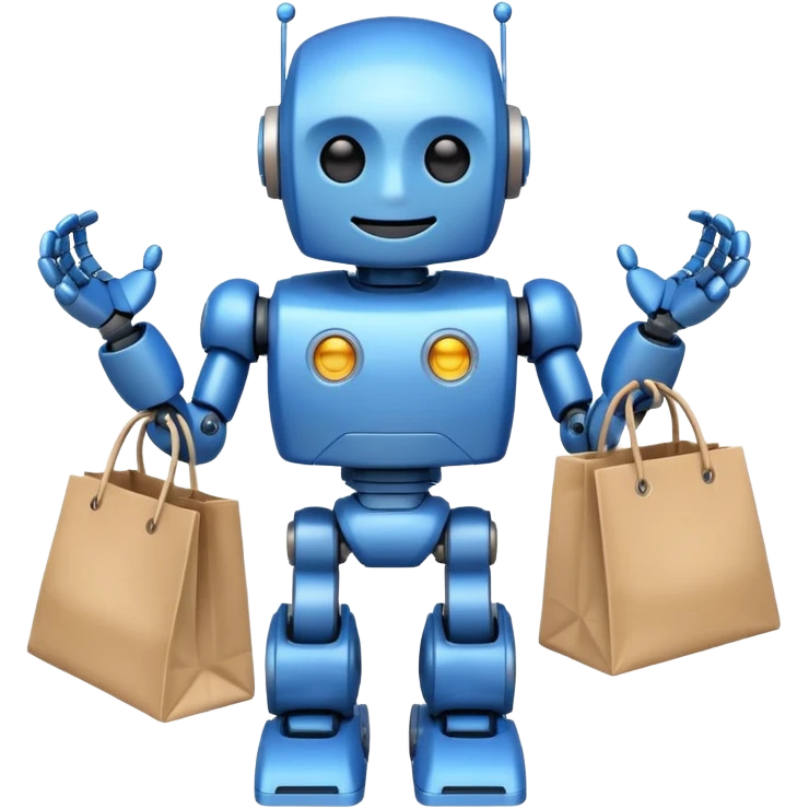 black friday robot with blue and metalic colours with bags in his hands smiling emoji