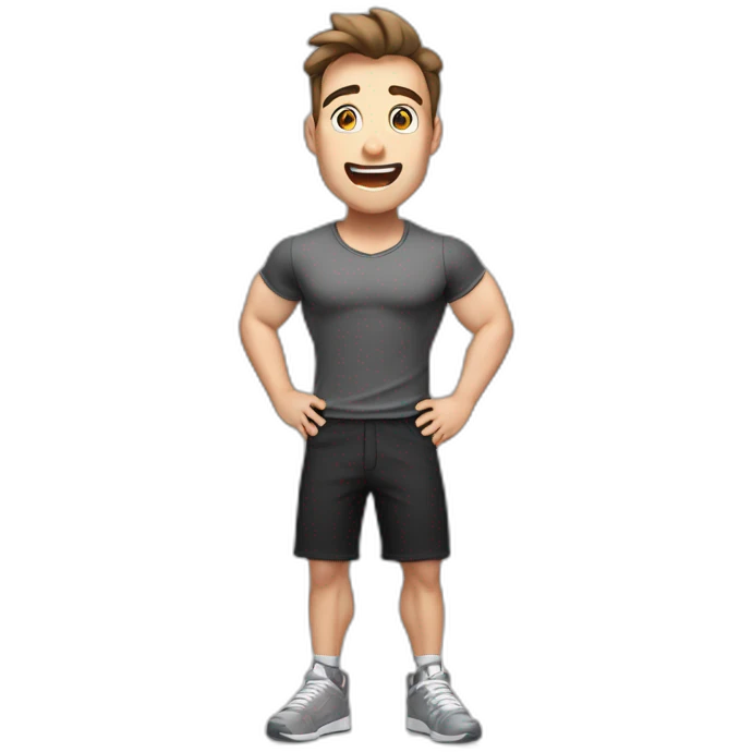 amazed Open with surprise mouth Pale skinned Fit Man With the biceps and dark brown hair in black shirt, gray sports shorts and white Sneakers emoji