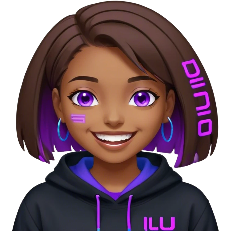 brown haired girl with a bob and blue eyes wearing black hoody with violet letters "Lu", laughs. Cyberpunk style. Violet neon. emoji