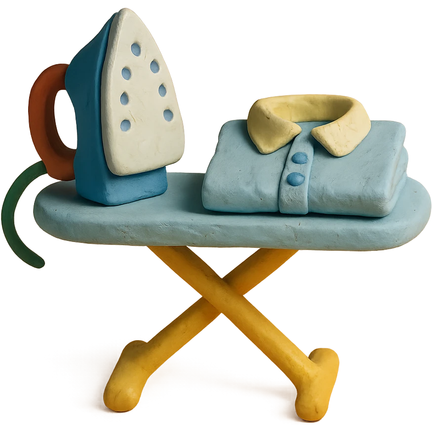 iron on ironing board with a neatly folded shirt, playful arrangement, pastel palette, claymation style emoji