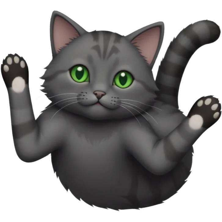 solid dark grey cat with green eyes, completely solid grey face, white toes/paws playing rolling upside down emoji