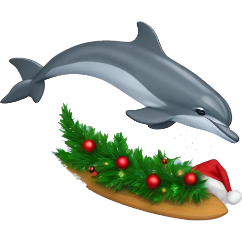 Dolphin riding a wave holding a Christmas tree emoji