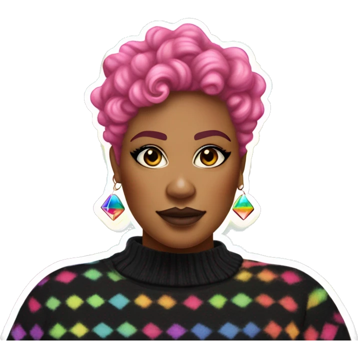 Large Plus size black woman with edgy pink curly pixie cut hair and a rainbow tie dye sweater , and diamond stud earrings  emoji