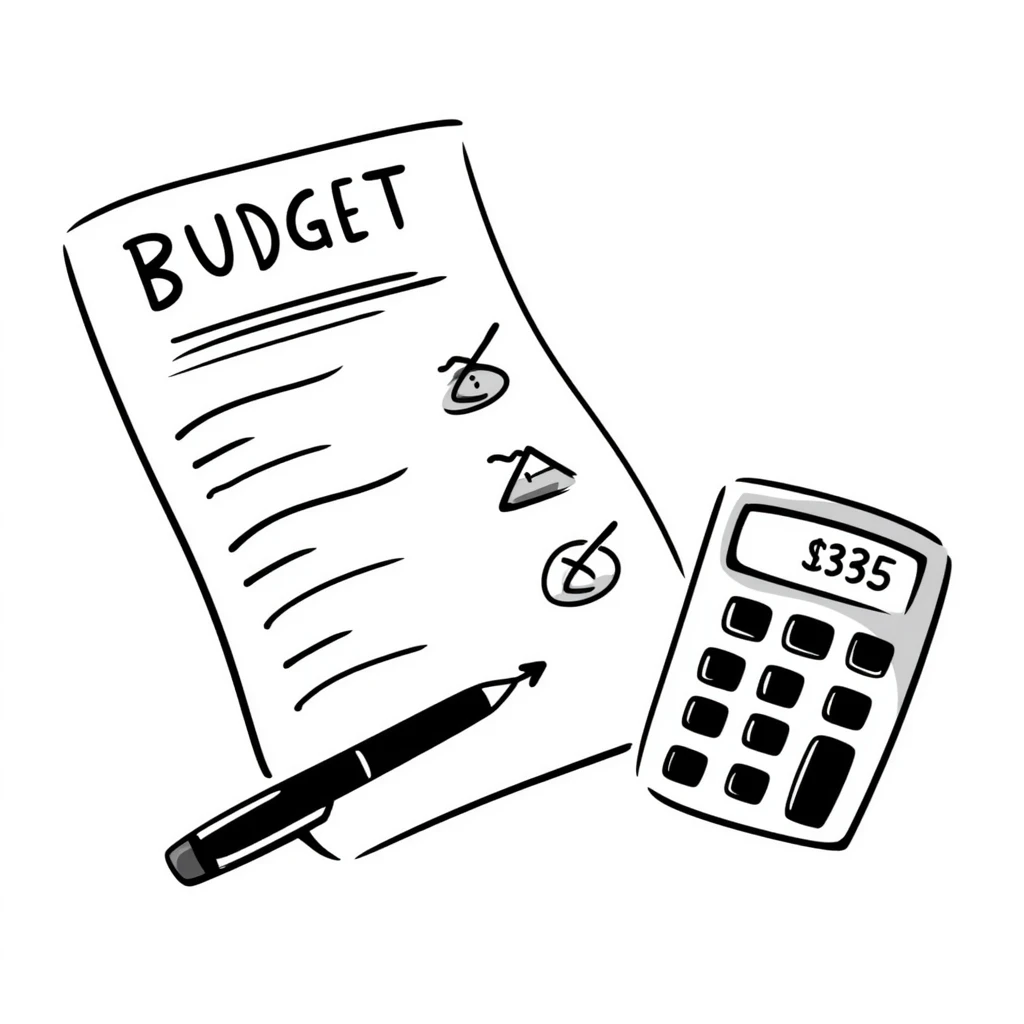 Budget sheet with expenses column and calculator emoji