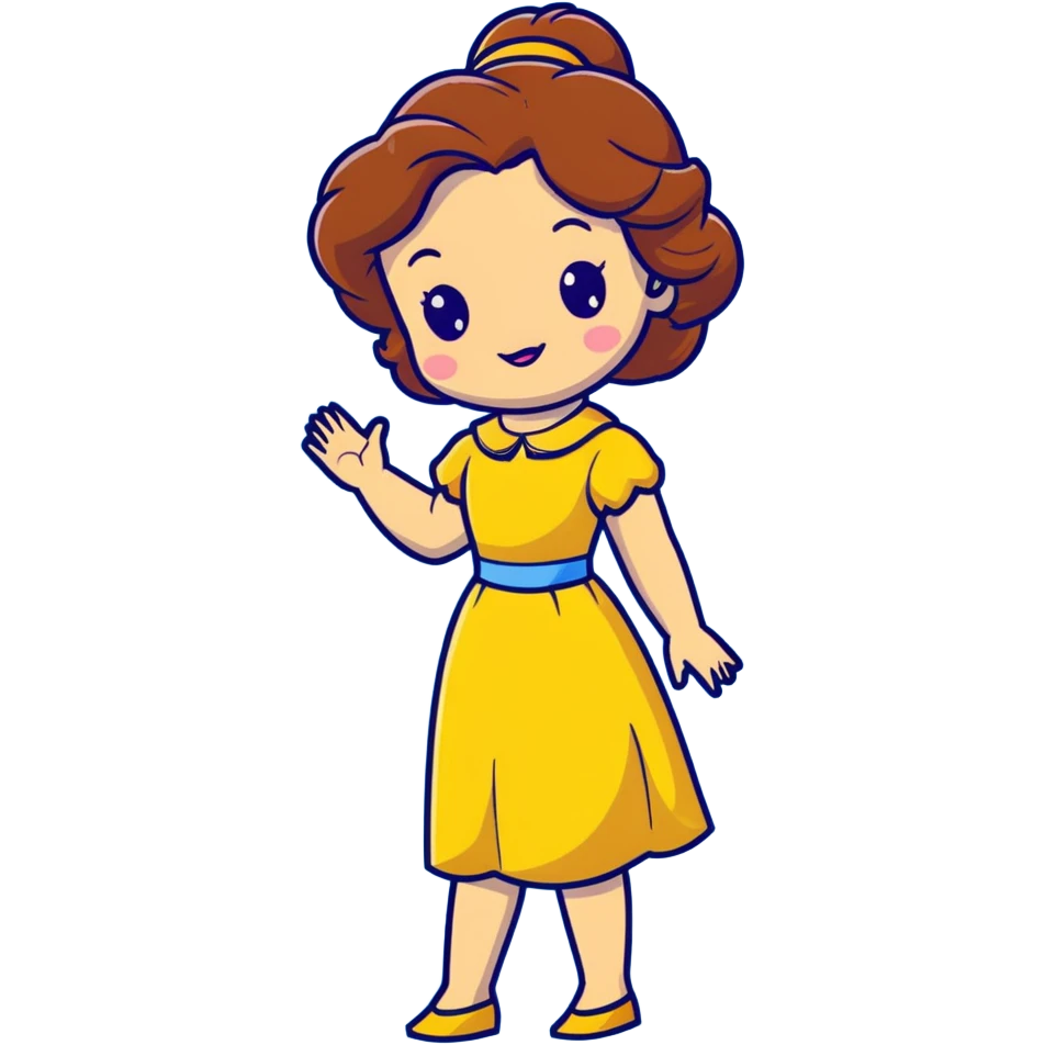 Disney Princess Belle from Beauty and the Beast with brown hair and face with freckles, yellow dress emoji