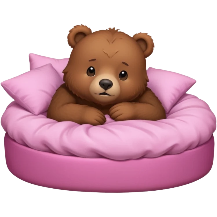 A cute brown bear in a pink bed, tucked in and looking forward, trying to fall asleep. emoji