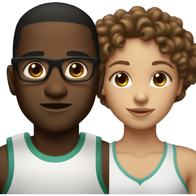 A light skinned girl with brown eyes, long straight light brown hair and glasses who is with a dark skinned basketball boy with brown eyes and curly hair with no glasses emoji