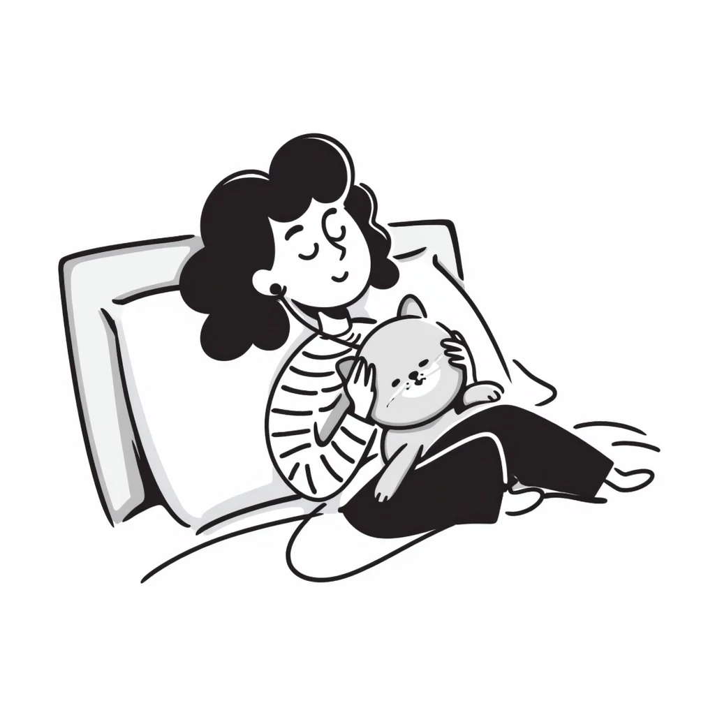 Girl lying on bed comfortably listening to music with wired earphones, holding a plush toy emoji