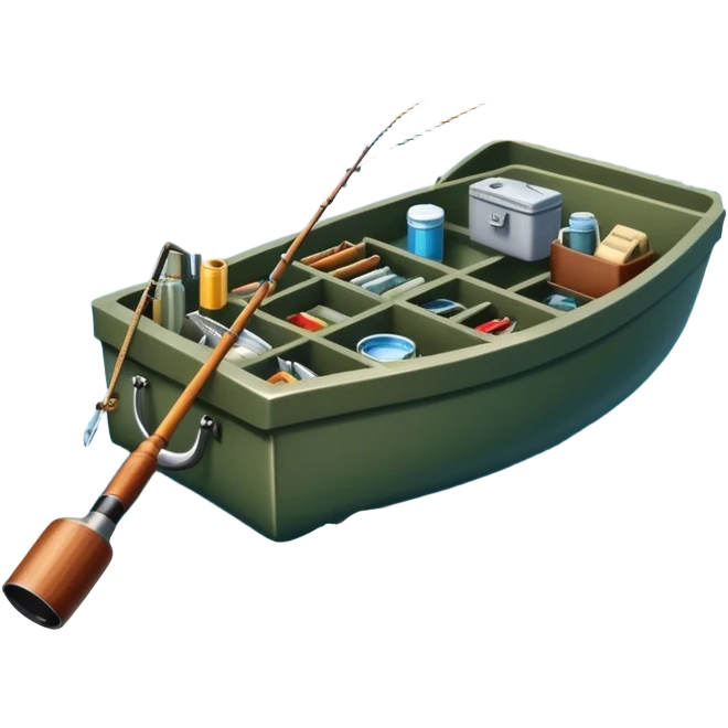Icon for Fishing: a boat on the shore of a peaceful water body with a beautiful natural landscape, a fishing tackle box, a spinning rod. The icon should capture the tranquility and gear of a fishing adventure. Without frame. Transparent background. emoji