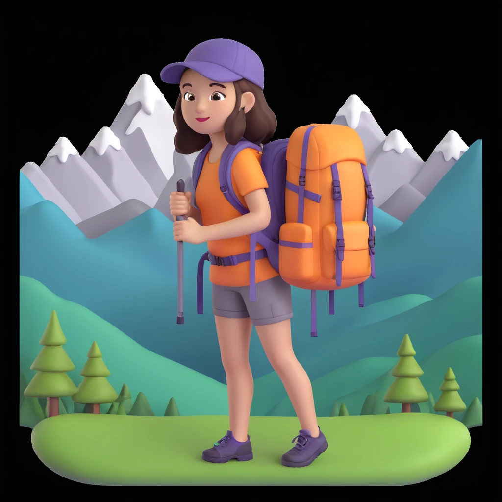 portrait of girl back packing mountains in background, close up pose emoji
