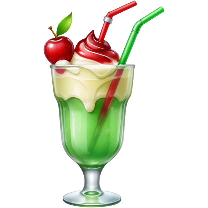 Create an emoji with a clear rounded glass, bright transparent green soda with fine bubbles, a smooth vanilla scoop, a glossy red cherry, and a red straw, using vibrant colors, soft shading, and clear glass highlights.
 emoji