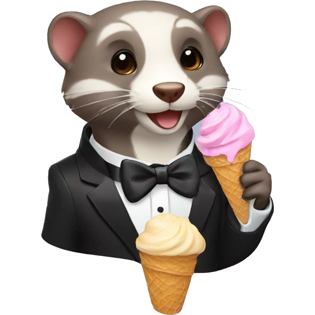 A ferret wearing a tuxedo eating chocolate ice cream emoji