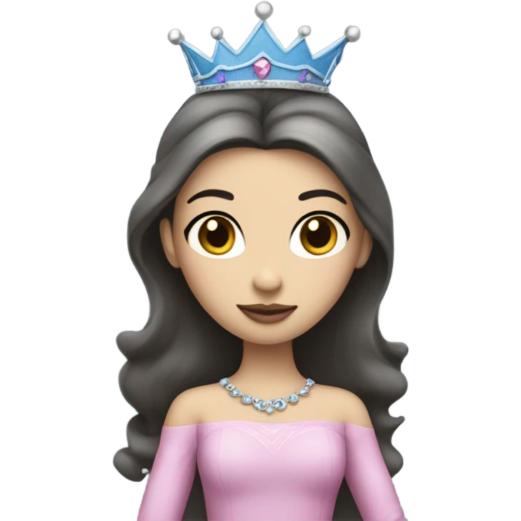 Princess- Fair skin- Long dark hair- crown- blue dress- pink lips emoji