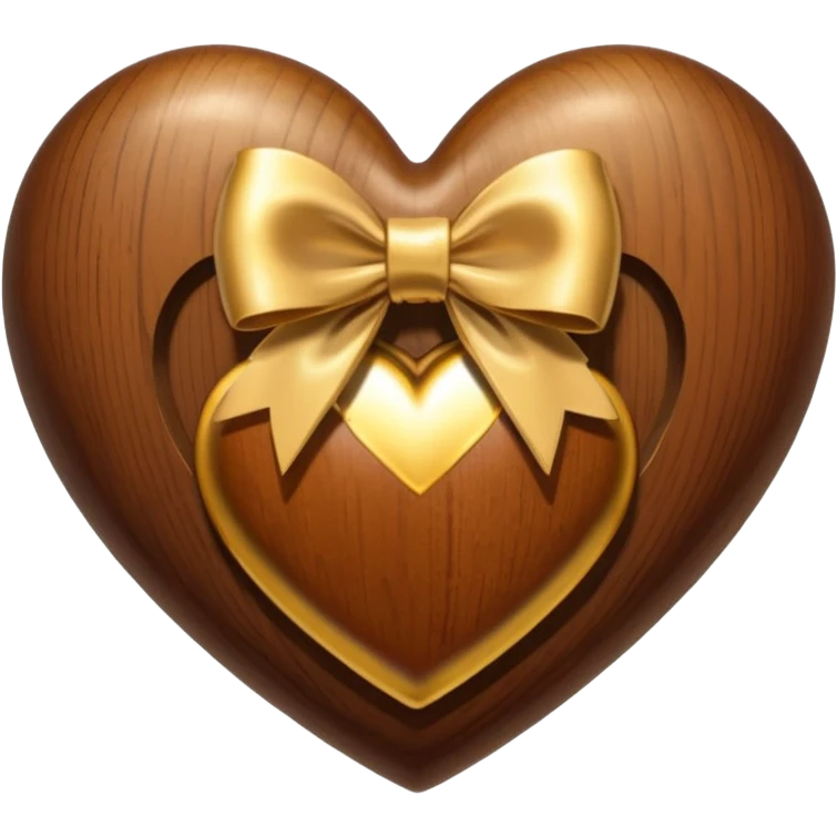 wooden heart with a gold bow and heart pattern on the bow emoji