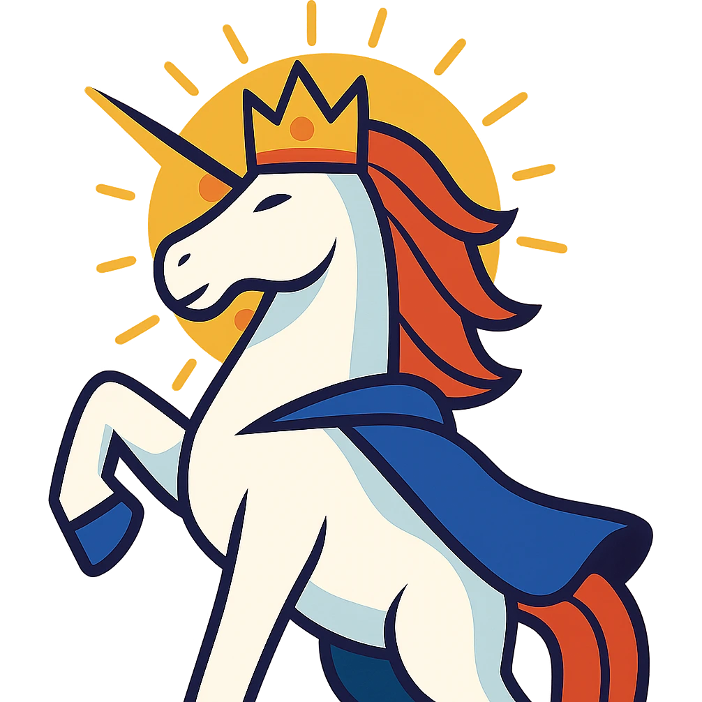 majestic unicorn king with a golden crown radiant aura shining behind looking victorious and powerful emoji