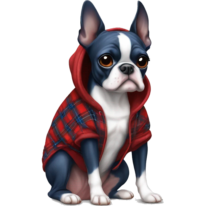 Boston terrier in a blue white red plaid hoodie ￼ emoji