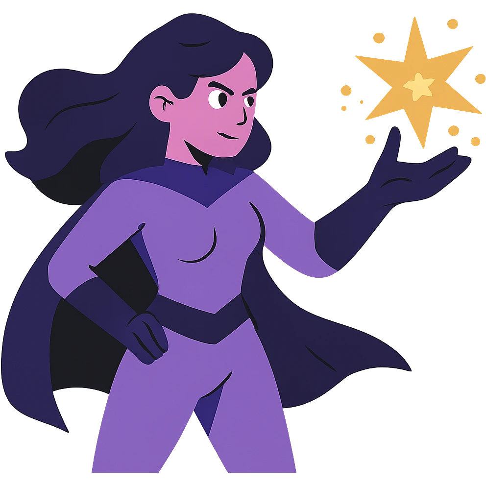 woman superhero in a soft purple and black suit, casting magic from her hand emoji