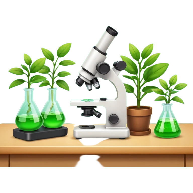 FA 3D cartoon science lab table with test tubes, microscope, and a small potted plant, green leaves under bright light, clean background, realistic Memoji-style rendering. emoji