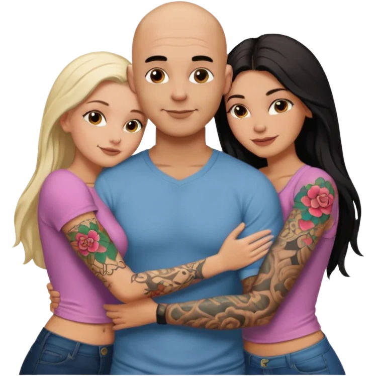 throuple tattooed sleeves bbald male with topless naked big boobed brunette and topless naked big boobed blonde girlfriends  loving  and sexy polygamy emoji